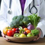 Healthcare professional wearing a white lab coat and a stethoscope, holding a wooden bowl filled with various fresh vegetables and friuts